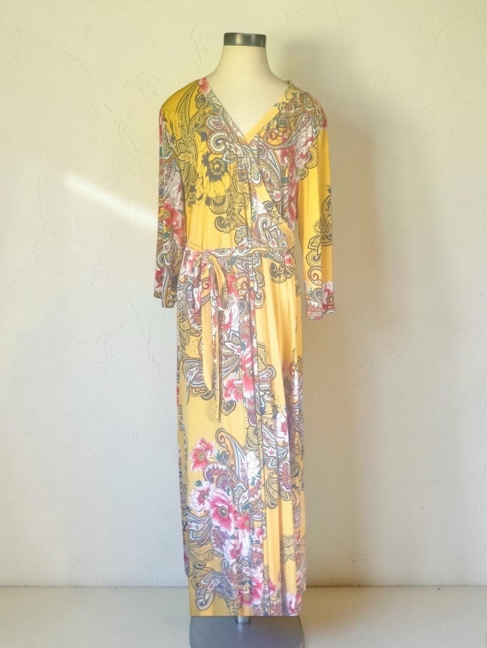 Yellow Floral Paisley Wrap Plus Size Maxi Dress